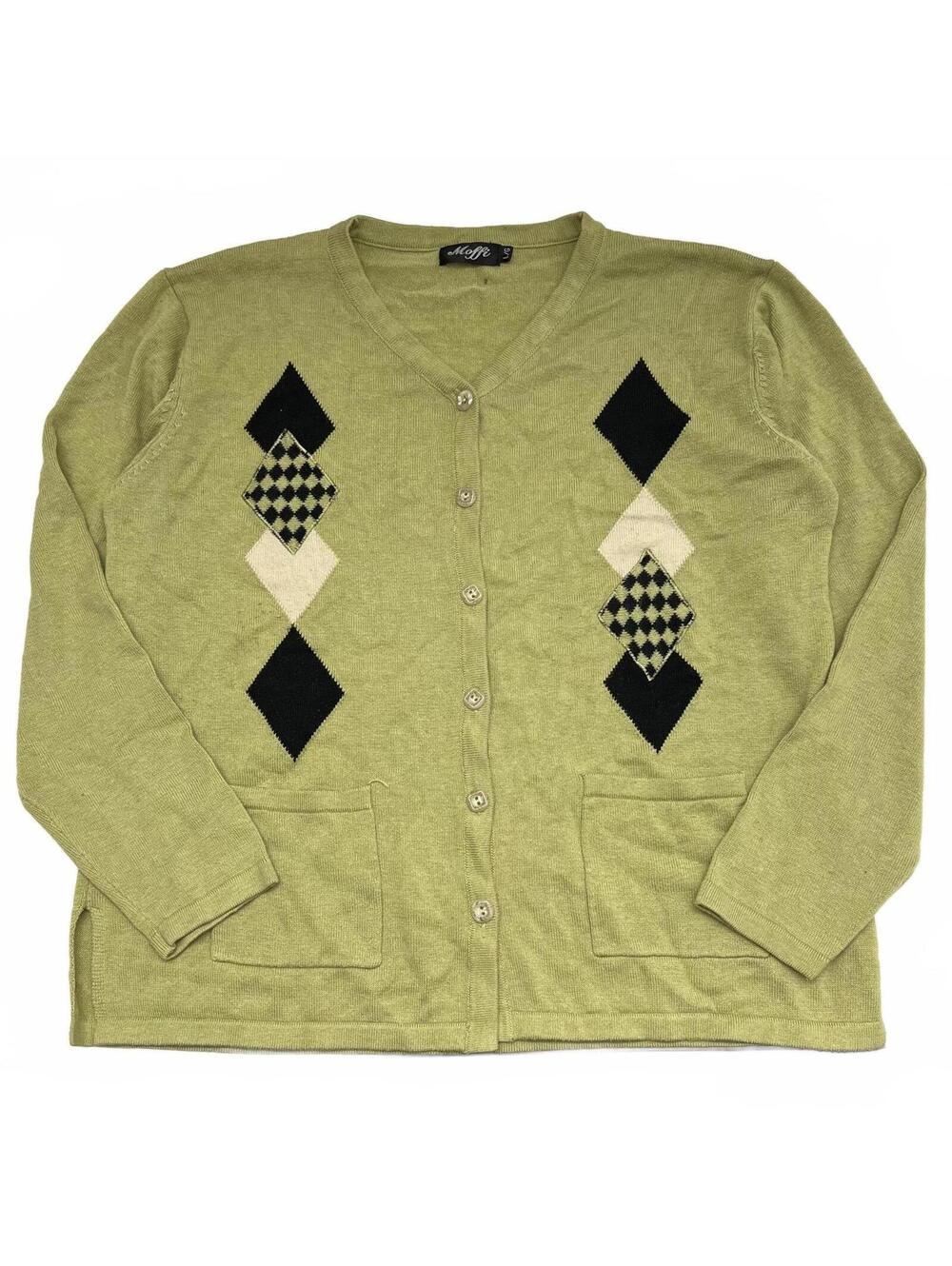 Vintage Moffi Green Cardigan With Diamond Argyle Pattern Sz L Retro Grunge